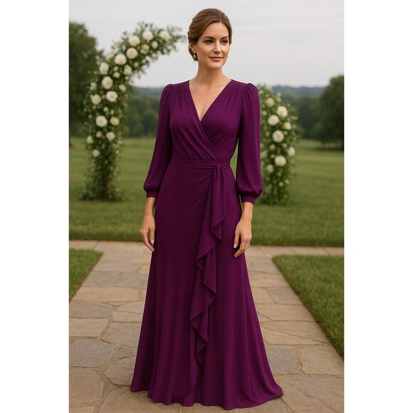 Express Purple Boysenberry Wedding Formal Wrap Dress M Classy Glam Ruffle Event - Picture 1 of 6